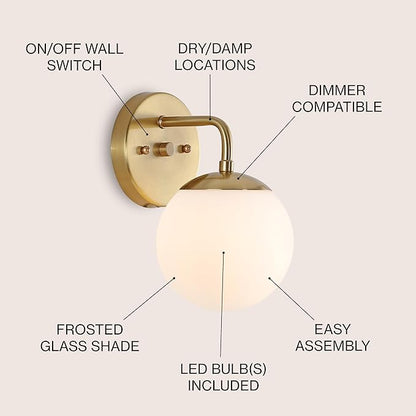 JONATHAN Y 5.75" Brass Gold Modern Globe Wall Sconce Vanity Light for Bathroom, White Frosted Glass Shade, Midcentury Parisian Bistro Wall Lamp, LED Bulb Included JYL3534A