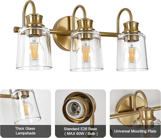 3 Lights Bathroom Light Fixtures Modern Gold Vanity Lights | ETL Certificate, Easy to Install,Wall Mount Up or Down,Thickened Glass Lampshade,E26 Socket,Hardwired