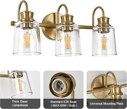 3 Lights Bathroom Light Fixtures Modern Gold Vanity Lights | ETL Certificate, Easy to Install,Wall Mount Up or Down,Thickened Glass Lampshade,E26 Socket,Hardwired