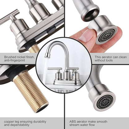 WOWOW 4 Inch Bathroom Faucet 3 Hole Brushed Nickel Bathroom Sink Faucet Centeret Basin Faucet 2 Handle RV Sink Tap Modern Vanity Taps with Drain and Hose