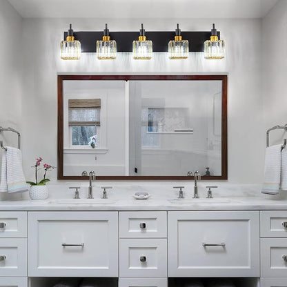 Modern Crystal Bathroom Vanity Light Black Gold 5-Lights Bathroom Lighting Fixtures Over Mirror, Brass Wall Light Fixtures