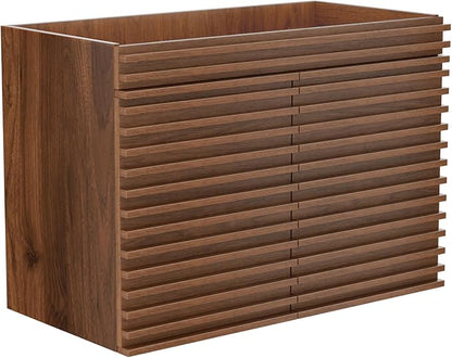ROOMTEC 36" Bathroom Vanity, Mid-Century Wall Mounted Floating Cabinet with 2 Closing Doors, Wood Grain Texture, Walnut (Sink Basin Not Included)
