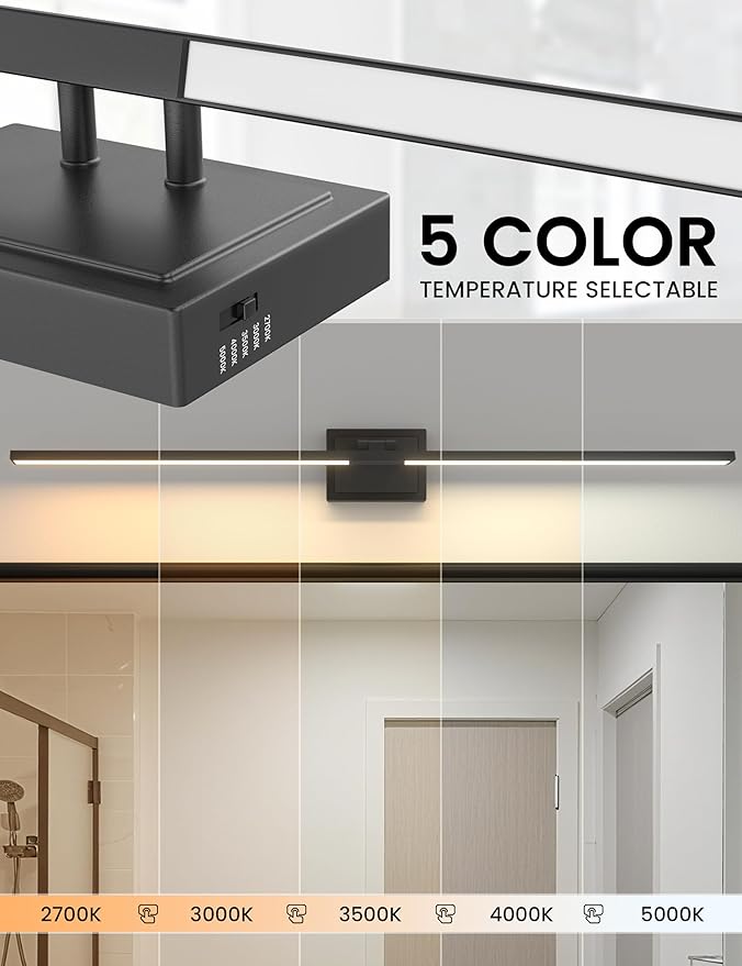 NIORSUN 46.5 Inch Modern Bathroom Light Fixture, 40W 5CCT Dimmable LED Black Bathroom Vanity Lights Over Mirror, Vanity Lights for Bathrooms Restroom Mirror