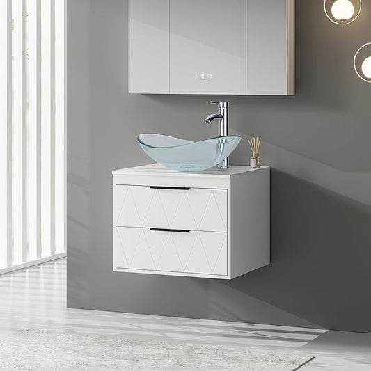 eclife 24" Floating Bathroom Vanities with Sink Combo, Wall Mounted Modern Cabinet W/Diamond Line Pattern Design, Clear Boat Glass Vessel Sink W/Water Save Faucet & Pop Up Drain, White