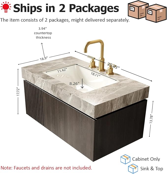 36" Floating Bathroom Vanity with Sink, Modern Plywood Storage Cabinet with Drawer and Door, Light Gray Sintered Stone Top and 3 Pre-drilled Faucet Holes Ceramic Basin, Pre-Assembled, Espresso