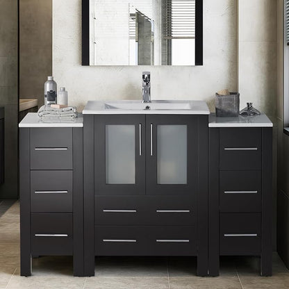 Blossom 48 in. Bathroom Vanity with Sink and Side Cabinet - Solid Wood Espresso Sink Vanity - 18-Inch Deep Narrow Footprint - Modern Tempered Glass Doors - High-End Master Bath Suite