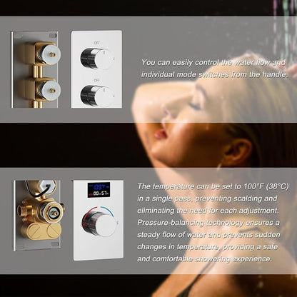Chrome Shower System Tempreature Display Shower Fuacet Set | 12 inch and 8 inch Full Body Shower Head, with 6 PCS Body Jet and Handheld Spray