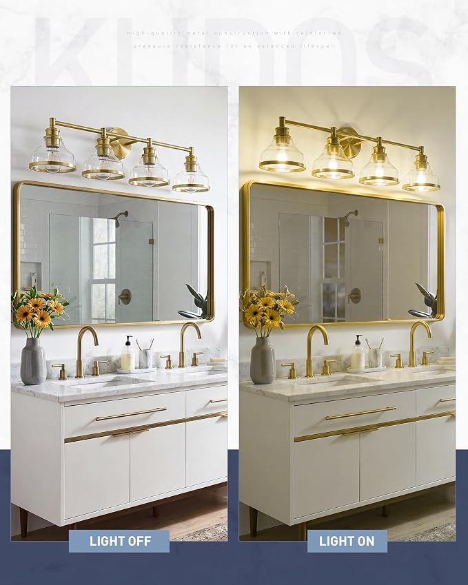 kudos 4-Light Brushed Gold Vanity Light, Clear Glass Shade | 33" bathroom light fixtures over mirror, upward or downward, E26 base, bulbs not included, Hardwired, KDVL20-GD-4