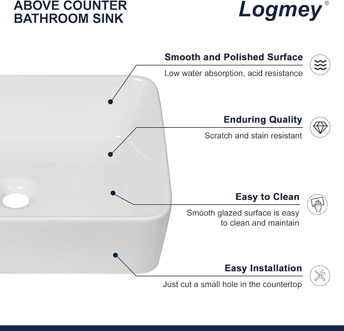 Logmey 19 Inch White Bathroom Vessel Sink 19x15 Inch Large Rectangle Vessel Sink for Bathroom Porcelain Ceramic Modern Countertop Above Counter Bathroom Vanity Sink Art Basin