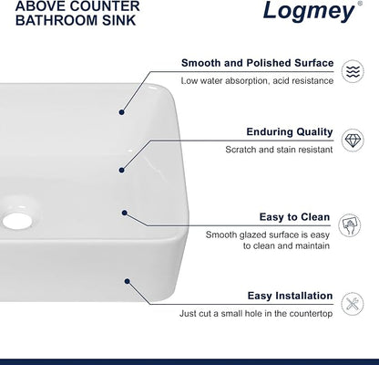 Logmey 19 Inch White Bathroom Vessel Sink 19x15 Inch Large Rectangle Vessel Sink for Bathroom Porcelain Ceramic Modern Countertop Above Counter Bathroom Vanity Sink Art Basin