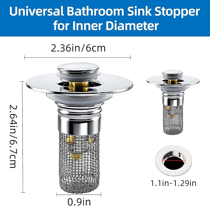 Bathroom Sink Drain Strainer, Pop-up Sink Drain Strainer with Removable Strainer Basket Hair Catcher, Bathroom Sink Stopper,2 Packs