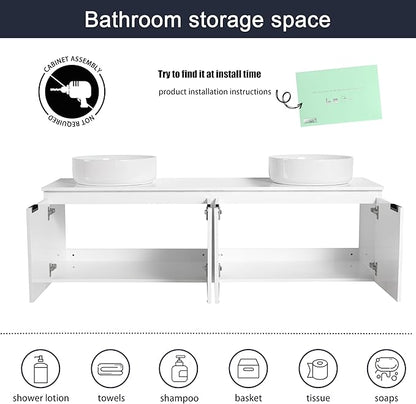 60 Inch Bathroom Vanity with Sink, 60" Floating Bathroom Vanity with Double Vessel Sinks, Modern Wall Mounted Cabinet Set, White Cabinet with 4 Doors and 2 White Ceramic Basin Sinks, Large Countertop