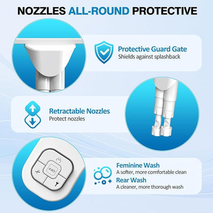Non-Electric Bidet Attachment, Self-Clean Dual Nozzles, Adjustable Pressure | Ultra Slim Intuitive One-Touch, Retractable Nozzle Structure, Warm Water Rear & Feminine Washing Modes, Stainless Steel Iniet