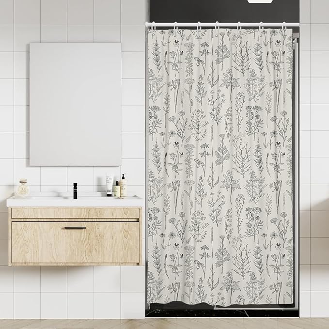 Coxila Vintage Floral Shower Curtain Stall Small Spring Farmhouse Beige Cream Neutral Rustic Flower Retro Country Half Narrow Single Walk in Stand up Bathroom 36x72 Inch Polyester Fabric 7 Pack Hooks