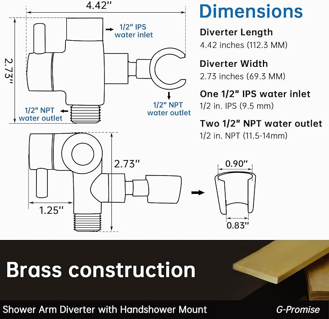 G-Promise Solid Metal Shower Head Diverter with Holder 3-Way | Spray Separately or Both, Adjustable-Angle Bracket, Anti-Leak, Smooth Knob Switch, Easy Install, Universal Replacement Part
