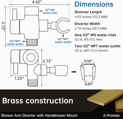 G-Promise Solid Metal Shower Head Diverter with Holder 3-Way | Spray Separately or Both, Adjustable-Angle Bracket, Anti-Leak, Smooth Knob Switch, Easy Install, Universal Replacement Part