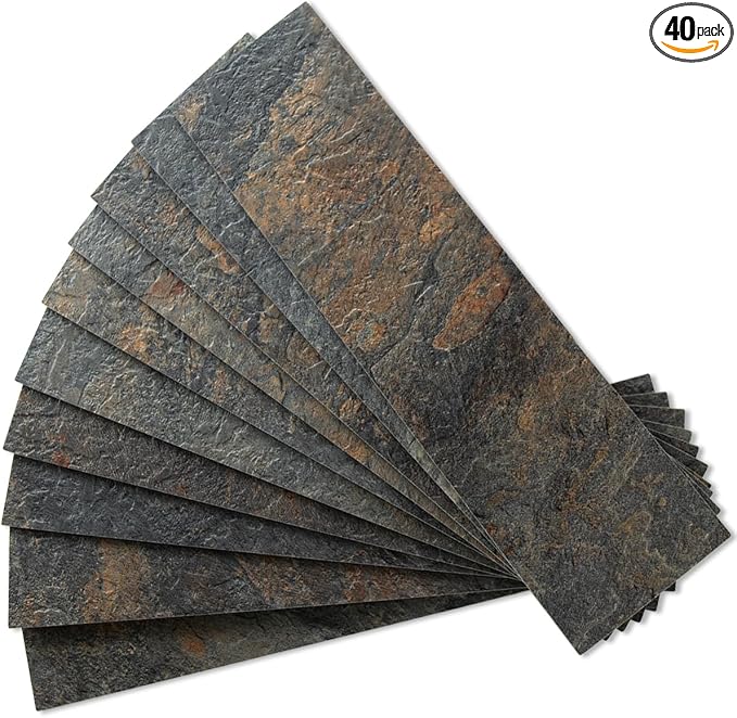 AULIGET 40-Piece Rust Slate Peel and Stick Backsplash Wall Tiles, 3" x 12" PVC Faux Stone Stick on Tiles for Backsplash Kitchen, Bathroom, Laundry Room, Camper, Fireplace