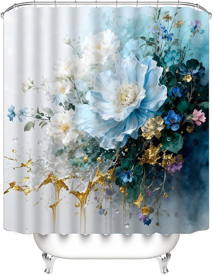 AZHM Watercolor Floral Shower Curtain Set 4PCS Blue and White Delicate Floral Farmhouse Bathroom Accessories Set, Includes Rugs and 12 Hooks