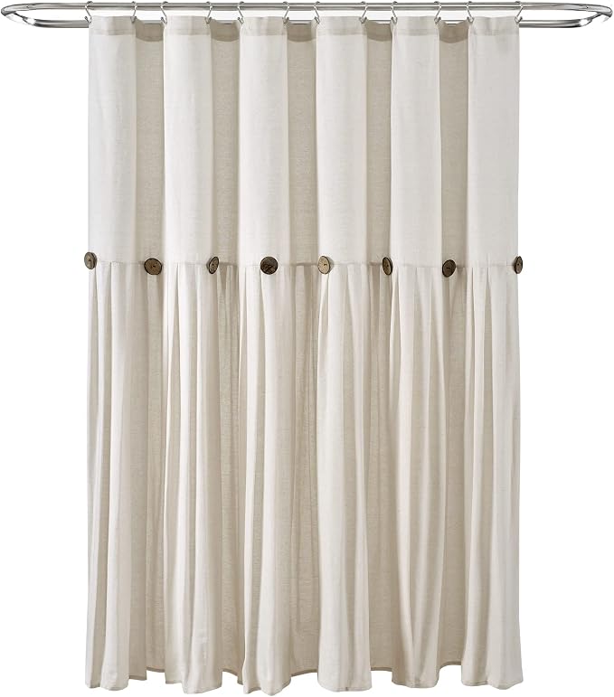 Lush Decor Linen Button Shower Curtain, 72" W x 78" L, Off White - Extra Long Shower Curtains - White Shower Curtain Fabric - Farmhouse Bathroom Decor
