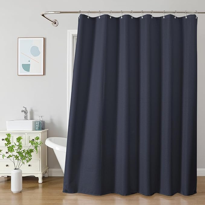 2-in-1 Waterproof Fabric Shower Curtain - No Separate Liner Needed, Hotel-Style Waffle Weave, Effortless Cleaning & Washable Bathroom Shower Curtain Set,72Wx84H,Navy Blue