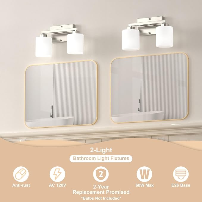 Honesorn Bathroom Vanity Light, 2 Light, Brushed Nickel, Frosted Shades | Bathroom Light Fixtures Over Mirror, Modern Bathroom Lights ,Wall Sconces, Anti-Rust, E26 Socket (Bulbs Not Included)