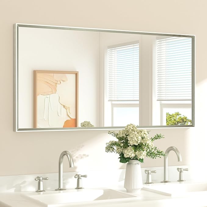 Brushed Nickel Bathroom Mirror 48" x 24" Beveled Frame Rectangle Bathroom Vanity Wall Mirror for Over Sink, Tempered Glass, Stronger Frame, Modern Farmhouse Bedroom, Entryway, Living Room