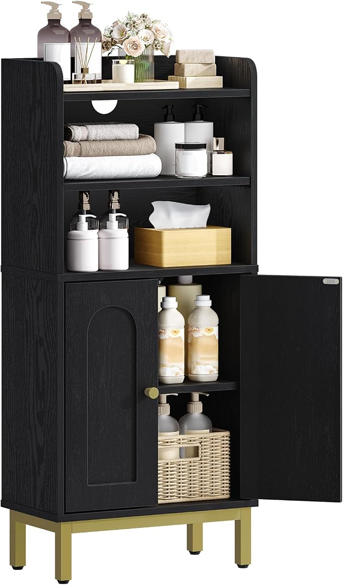 Hzuaneri Bathroom Storage Cabinet, Small Floor Cabinet with 2 Door | Toilet Paper Cabinets, Bathroom Organizer with Adjustable Shelf, for Small Spaces, Black, Arch Door,7.1" Dx14.6 Wx32.7 H