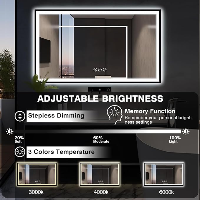 EchosLife 60x30 Large LED Bathroom Vanity Mirror - Black Aluminum Framed | Black Frame, Front and Backlit, Anti-Fog, Stepless Dimmable, 3 Colors, Memory, Tempered Glass, UL Listed, Horizontal/Vertical
