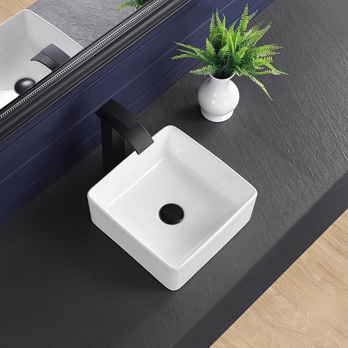 Vessel Sink 13"x13" Rectangular Bathroom Sink Modern White Porcelain Ceramic Above Counter Drop-in Vanity Sink for Bathrooms Art Basin