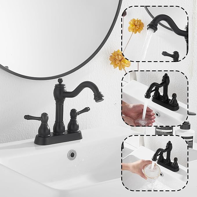 GGStudy Matte Black Bathroom Faucet 2 Handles 4 Inches Centerset RV Black Bathroom Vanity Faucet with Drain Assembly and Supply Hose Lavatory Faucet