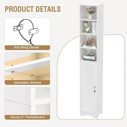 VECELO Narrow Tall Cabinet with Closed Door, 6 Adjustable Movable Shelves, Wood Space Saving Corner Storage Unit, Pearl White