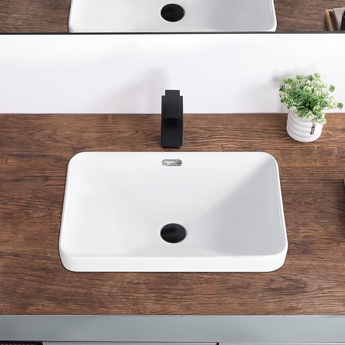 Bathroom Vessel Sink 21.6" X 14.3" Semi Recessed Bathroom Sink Rectangular Drop In Bathroom Sinks with Overflow White Ceramic Vessel Sinks for Bathroom Modern Above Counter Basin Vanity Sink
