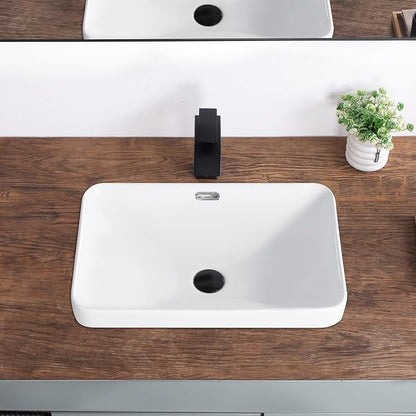 Bathroom Vessel Sink 21.6" X 14.3" Semi Recessed Bathroom Sink Rectangular Drop In Bathroom Sinks with Overflow White Ceramic Vessel Sinks for Bathroom Modern Above Counter Basin Vanity Sink