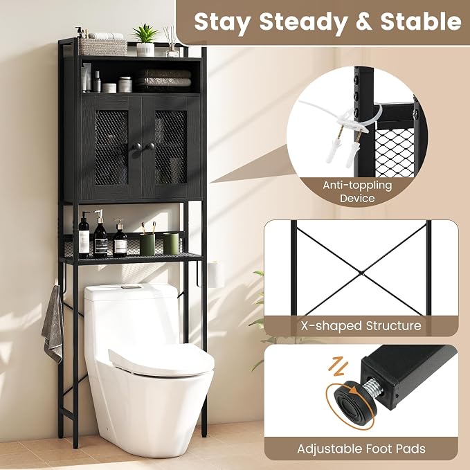 BECOMFORT 5-Tier Over the Toilet Storage Cabinet, Above Toilet Bathroom Shelf with Metal Stand, Mesh Grid Doors, Toilet Paper Holder & Hook, Freestanding Space Saver (Black)