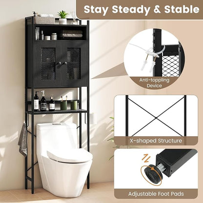 BECOMFORT 5-Tier Over the Toilet Storage Cabinet, Above Toilet Bathroom Shelf with Metal Stand, Mesh Grid Doors, Toilet Paper Holder & Hook, Freestanding Space Saver (Black)