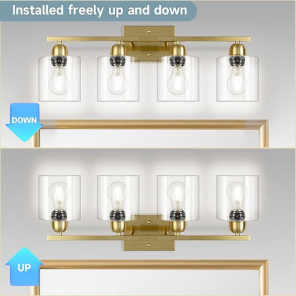 Modern Brushed Gold 4 Light Bathroom Light Fixtures, 24 inch Vanity Lights for Bathroom with Clear Glass, Bathroom Vanity Light for Mirror Kitchen Living Room Hallway Cabinet Porch