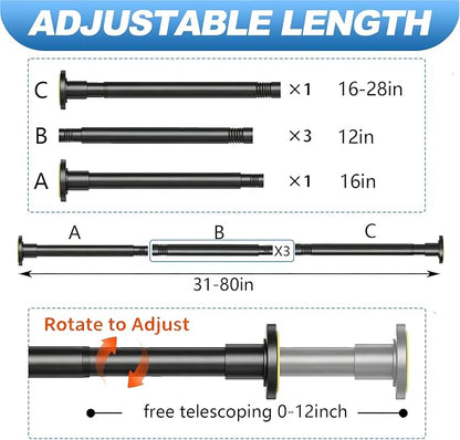 CorkLatta 1" Heavy Duty Black Shower Curtain Rod 31 to 80 Inch,Adjustable | Stainless Steel Tension Curtain Rod Non slip, No Drill Shower Rods for Bathroom,Easy Install