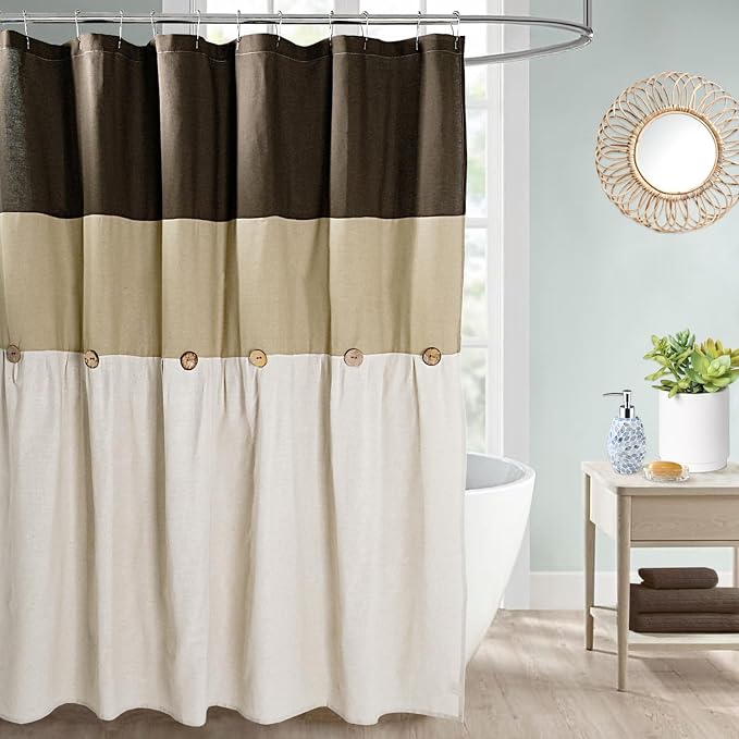 DOSLY Ides Farmhouse Cotton Button Natural Neutral Color Shower Curtain, Pleated Linen Color Cotton Blend Woven Fabric, Country Style, 72x72 in for Bathroom