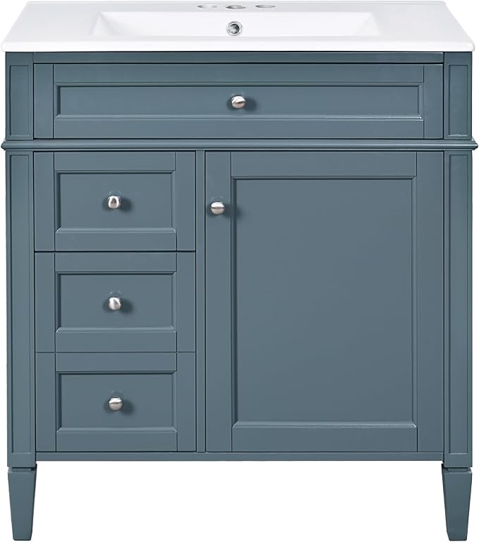 Merax 30 Inch Bathroom Vanity with Sink Set, Modern Bathroom Vanity Storage Cabinet with Matching Mirror Medicine Cabinet, Solid Wood Frame，Painted Finish, 2 Drawers and 1 Tip-Out Drawer, Indigo