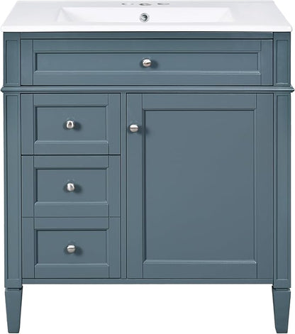 Merax 30 Inch Bathroom Vanity with Sink Set, Modern Bathroom Vanity Storage Cabinet with Matching Mirror Medicine Cabinet, Solid Wood Frame，Painted Finish, 2 Drawers and 1 Tip-Out Drawer, Indigo