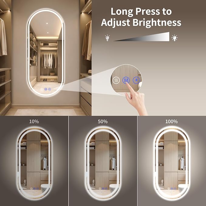 Oval LED Bathroom Mirror, 20"x 48" Frameless Lighted Mirror | LED Mirror with Front Light & Backlit, Anti-Fog, Dimmable Wall Mounted Lighted Mirror, Pill-Shaped Smart Bathroom Mirror