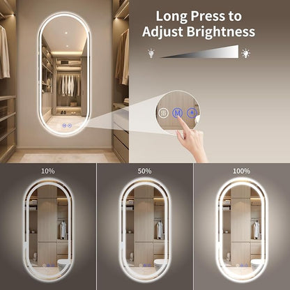 Oval LED Bathroom Mirror, 20"x 48" Frameless Lighted Mirror | LED Mirror with Front Light & Backlit, Anti-Fog, Dimmable Wall Mounted Lighted Mirror, Pill-Shaped Smart Bathroom Mirror