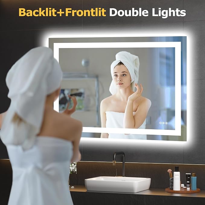 Hivone 40"X30" LED Bathroom Mirror with Lights, Anti-Fog, Dimmable, Backlit + Front Lit, Smart Bathroom Vanity Mirror, Memory Function, Shatterproof, Tempered Glass (Horizontal/Vertical)