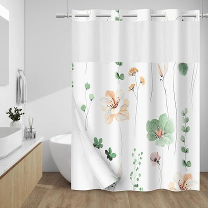 No Hook Floral Shower Curtain with Liner, Sage Green, 71x74 | Snap in Liner, 3 in 1, Water Repellent, Easy Install, Machine Washable, Hotel Style for Bathroom, Watercolor Pattern