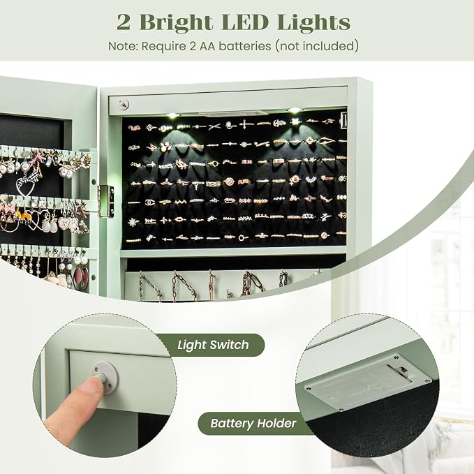 LDAILY Jewelry Armoire Wall or Door Mounted, Full-Length Mirror with Storage, Lockable Mirror Jewelry Cabinet w/ 2 Drawers, LED Lights, Over the Door Jewelry Organizer Box for Women Girls