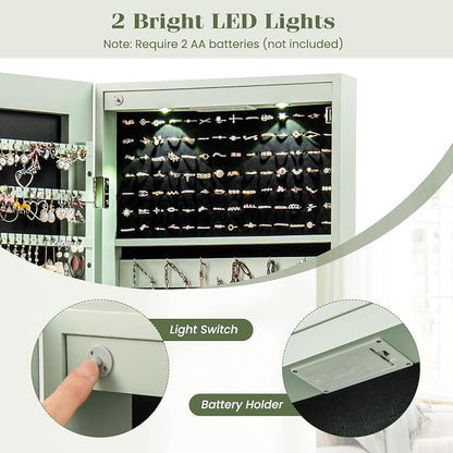 LDAILY Jewelry Armoire Wall or Door Mounted, Full-Length Mirror with Storage, Lockable Mirror Jewelry Cabinet w/ 2 Drawers, LED Lights, Over the Door Jewelry Organizer Box for Women Girls