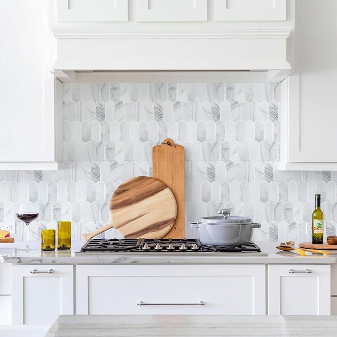 Vamos Tile Peel and Stick Backsplash,Thicker Design, Statuary White,10 pcs | Self Adhesive Vinyl Wall Tiles with White Grout, Stick on Backsplash for Kitchen, Bathroom, RV