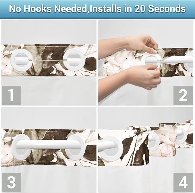 No Hook Floral Shower Curtain with Liner, Eucalyptus Taupe, 71x74 | Snap in Liner, 3 in 1, Water Repellent, Easy Install, Machine Washable, Hotel Style for Bathroom, Watercolor Pattern