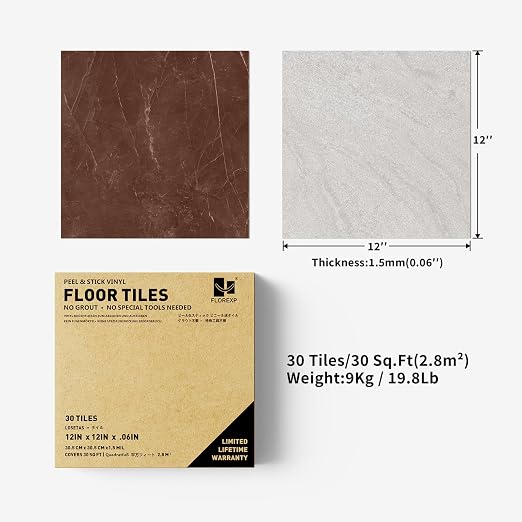 Peel and Stick Floor Tiles | 30 Sq.Ft Light Red Marble | Matte Finish / Recycleable / Anti-slip / Surface Coated /1.5mm Thick /12 by 12 Inches / Indoor Area / Easy to Clean /