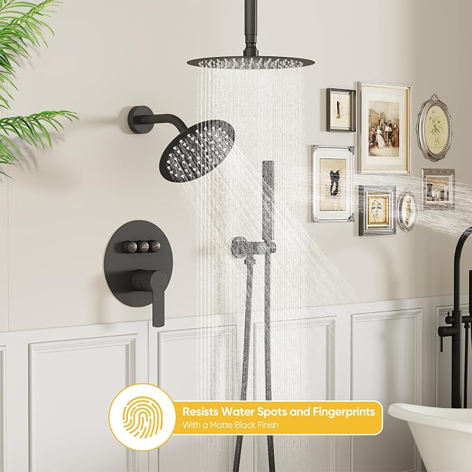 BESy Shower Faucet Fixtures Set for Bathroom, 10 & 6 In Round Dual Rain Shower Head, Ceiling & Wall Mounted Rainfall Shower System, Push Button Diverter Shower Valve with 2 in 1 Handheld, Matte Black